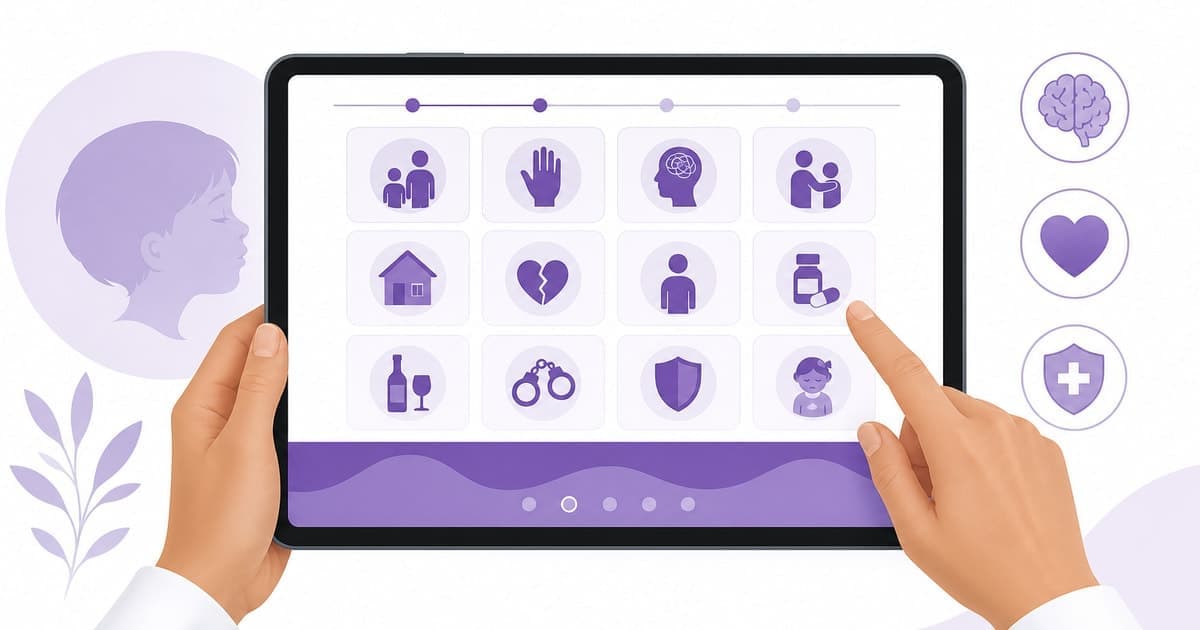 ACEs adversidad infantil en tablet con interfaz clínica púrpura