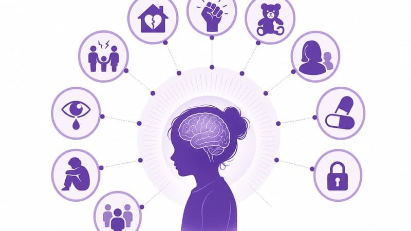 Gráfico 10 categorías ACEs trauma infantil psicología púrpura