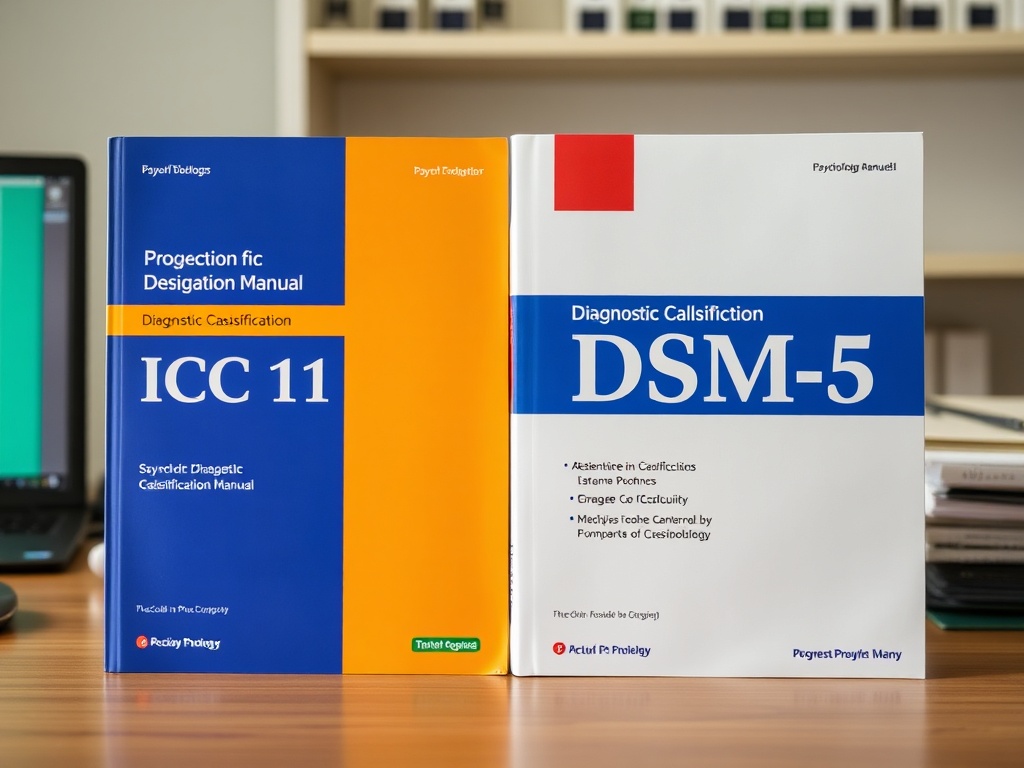 Comparativa CIE-11 y DSM-5 en escritorio de psicólogo clínico