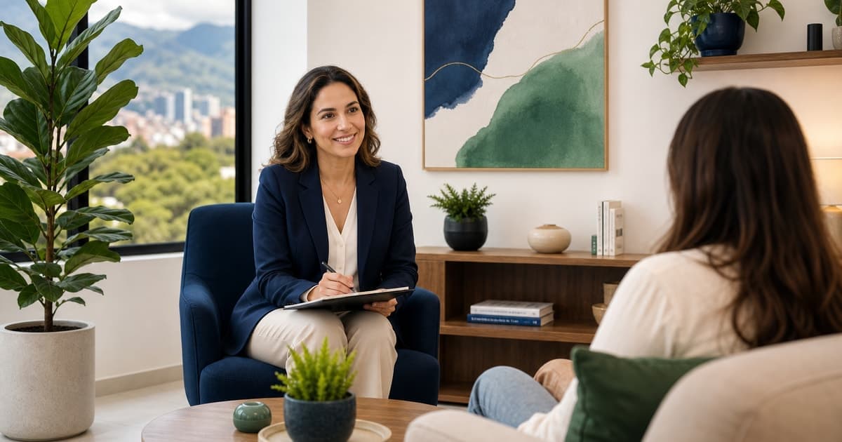 Abrir consulta privada psicología Colombia en tablet interfaz clínica púrpura
