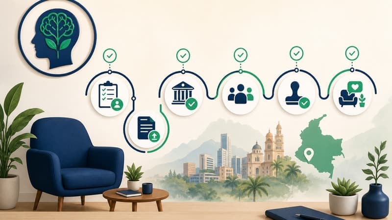 Diagrama pasos abrir consulta privada psicología Colombia púrpura