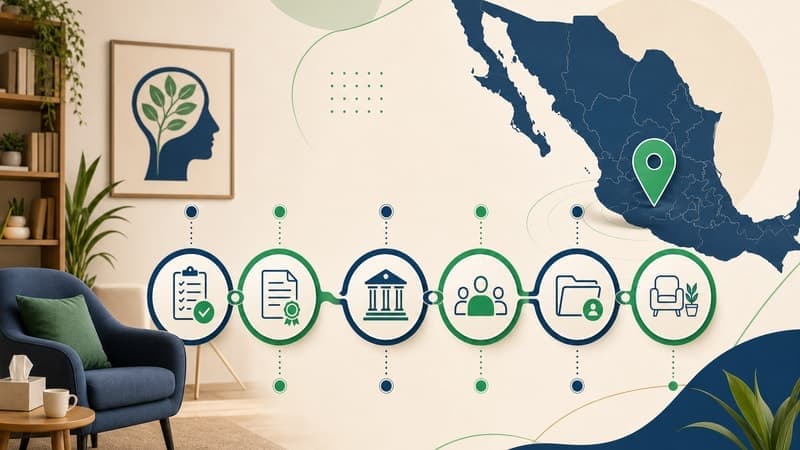 Diagrama pasos abrir consulta privada psicología México púrpura