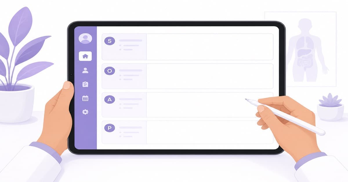 Documentación digital de sesión clínica con notas SOAP en tablet púrpura