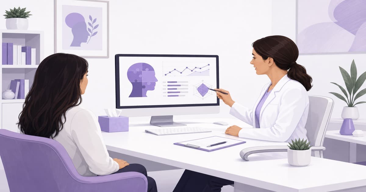 Psicólogo interpretando resultados de tests en pantalla en consultorio clínico