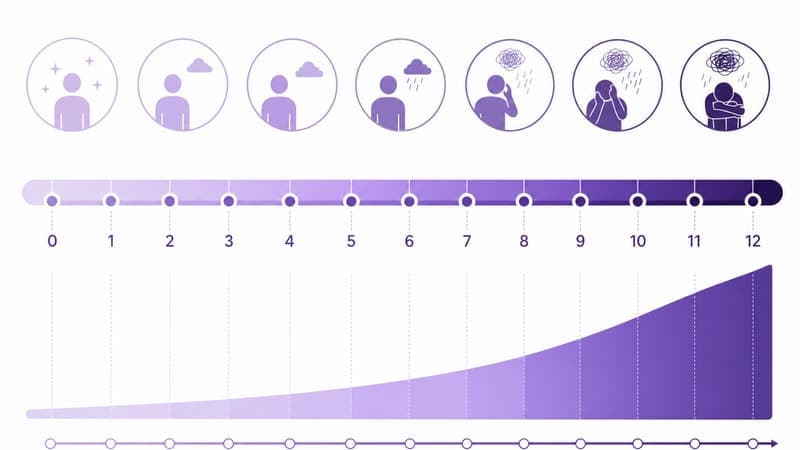 Gráfico interpretación GHQ-12 puntuación Likert y GHQ, psicología clínica púrpura
