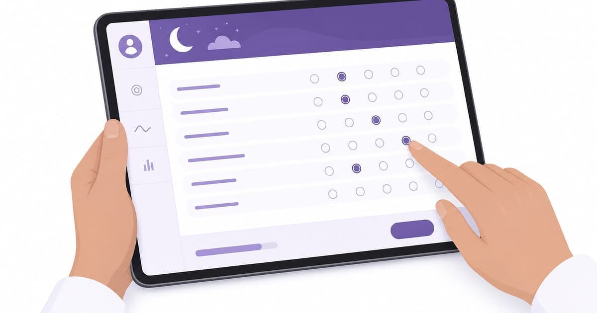 ISI índice de severidad del insomnio en tablet con interfaz clínica púrpura
