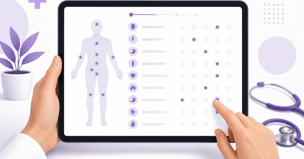 PHQ-15 síntomas somáticos en tablet con interfaz clínica púrpura