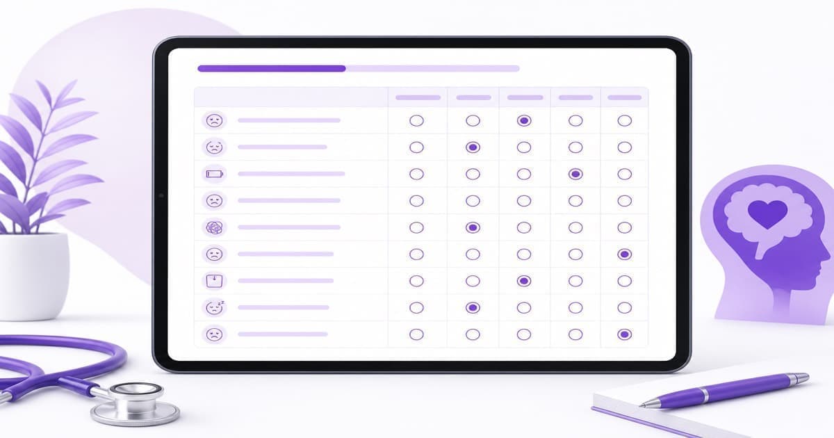 Cuestionario PHQ-9 de tamizaje de depresión en tablet con diseño minimalista púrpura