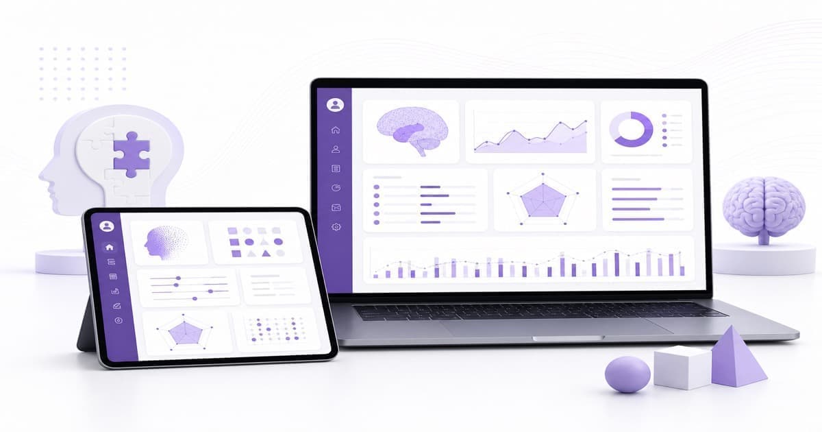 Plataforma de tests psicológicos digitales en tablet y laptop con tema púrpura