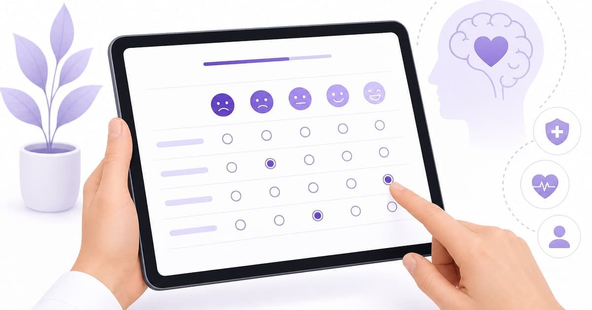 WHO-5 escala de bienestar en tablet con interfaz clínica púrpura